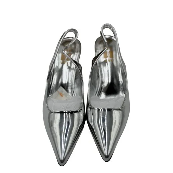 NEW Heelchic Womens Size 6 Silver Pointed Toe Slingback Heels Kitten Heel - Picture 2 of 16